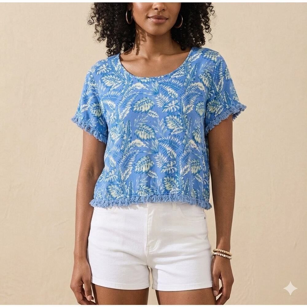 Masseys Tropical Palm Print Top Women's L Blue Fringe Trim Boho Hawaiian Vacay